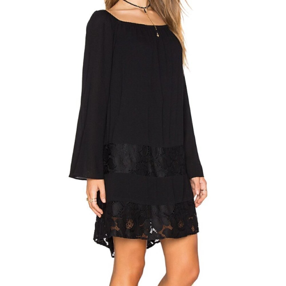 BCBGeneration NWOT Black Peasant Boho Dress Lace Panels Women's sz S